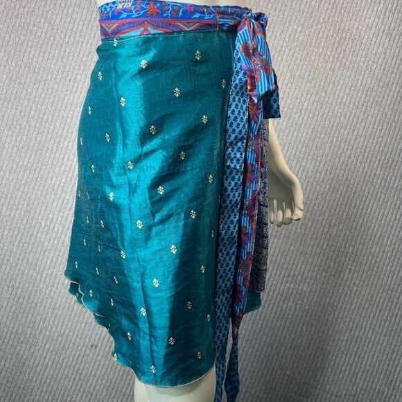 Reversible Wrap Skirt Dress Sari Colorful Upcycle Boho Indie Womens Convertible - Picture 10 of 10